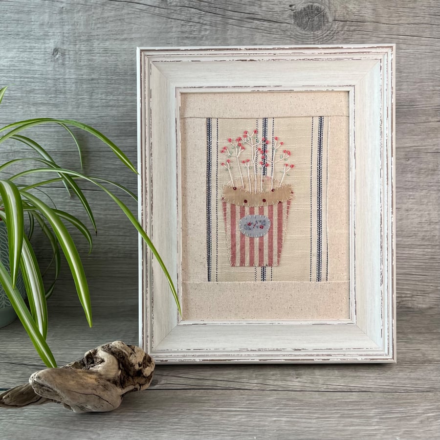 Hand Embroidered Framed Tea Dyed Botanical Textile Art Picture