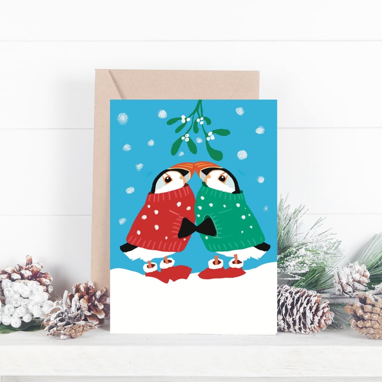 Christmas card blank  Puffin Christmas mistletoe jumper 