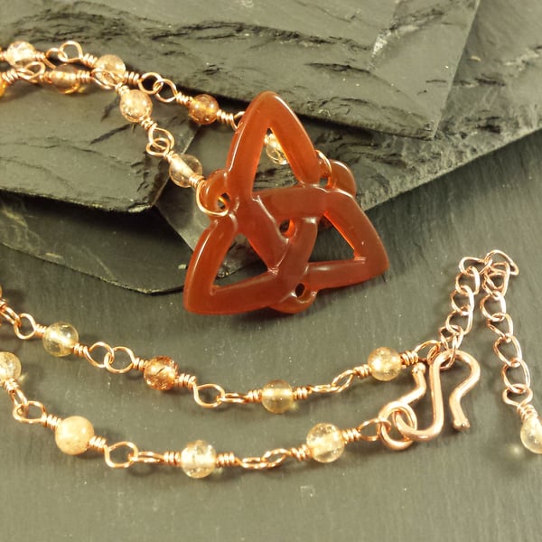 Orange Agate Triquerta and Rosary Link Necklace