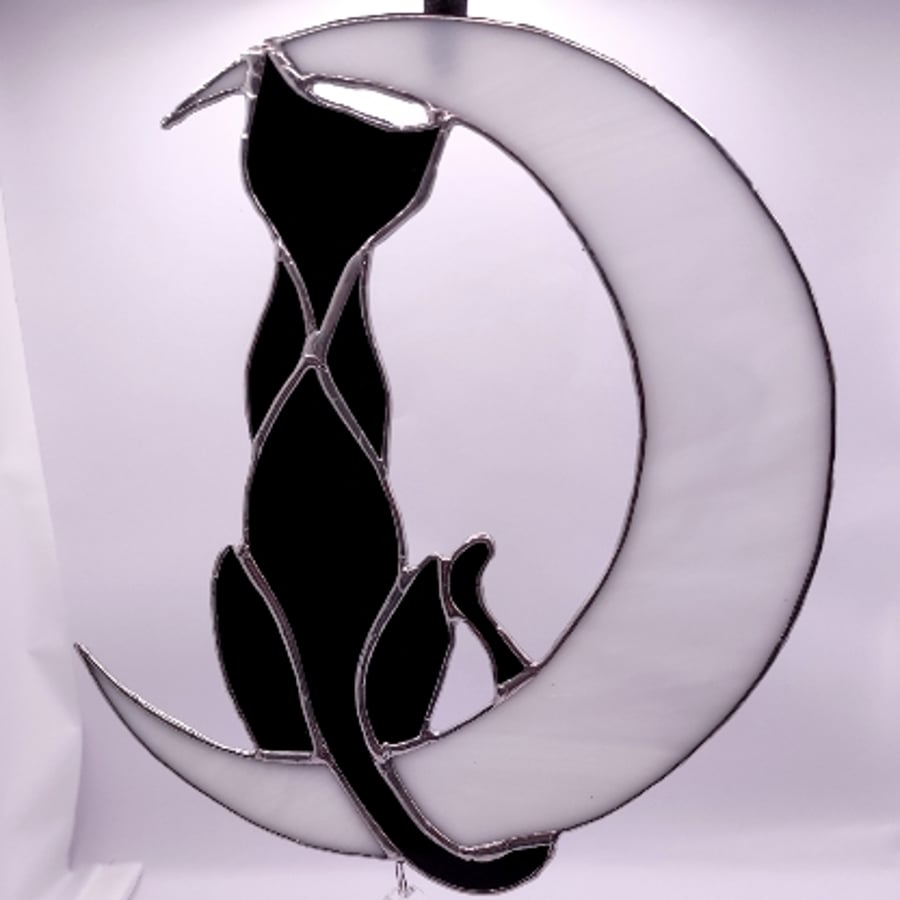 Hand made stained glass, cat and crescent moon 