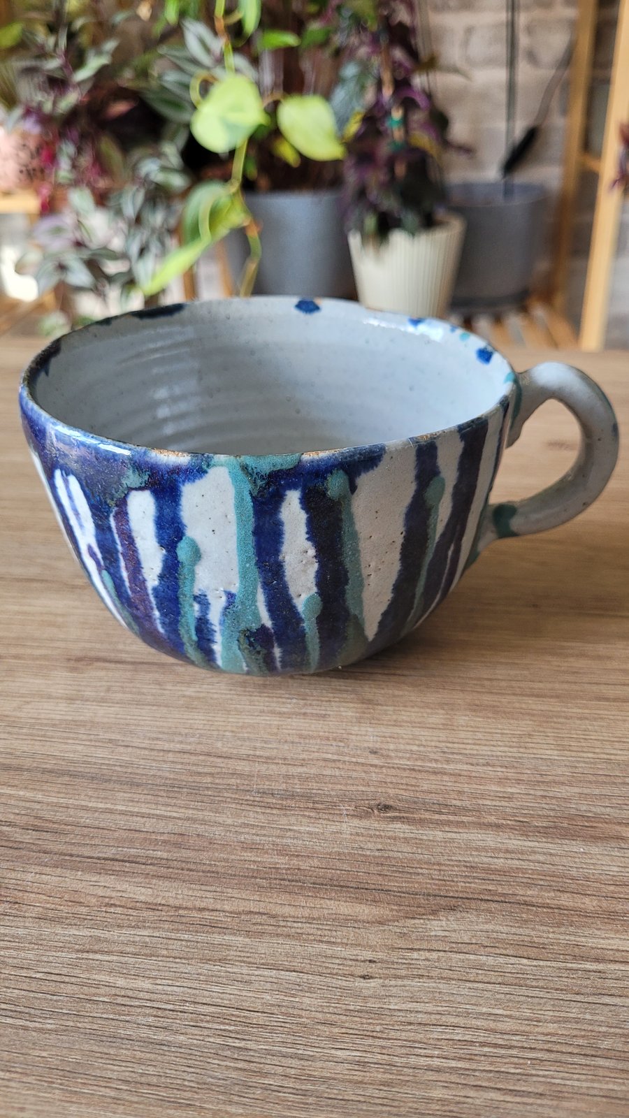 Large Mug with Dripping Blue Glaze Detail Handmade Pottery