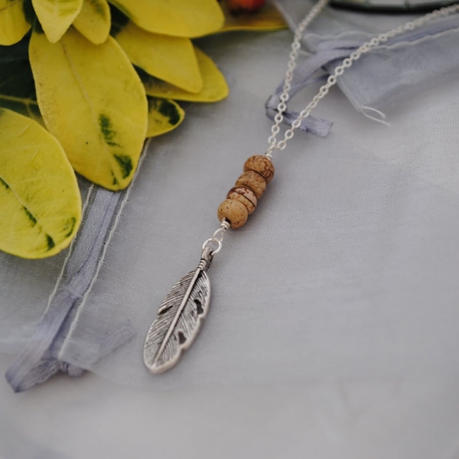 Picture Jasper & silver leaf long layering necklace