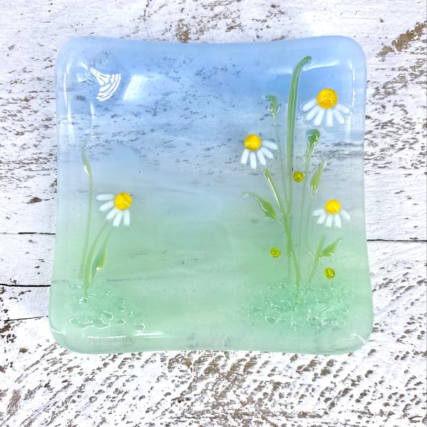 Flower Meadow Ring or Trinket Dish - Fused glass with lamp work detail  