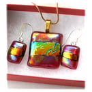 Dichroic Glass Pendant Earring Set 074 Red Gold  with gold plated chain