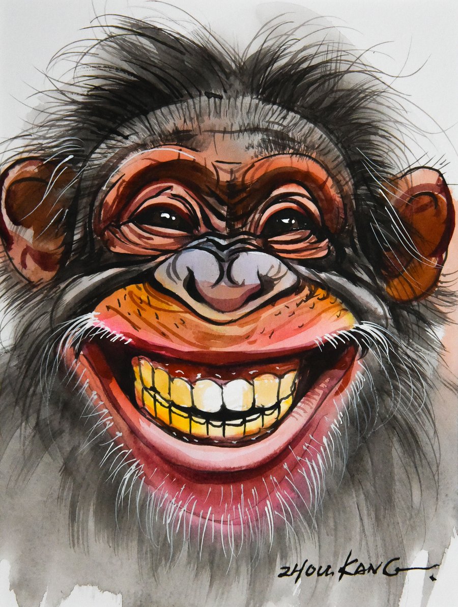 Funny Chimp Watercolour Painting on Paper and Framed (One of a Kind) No.2