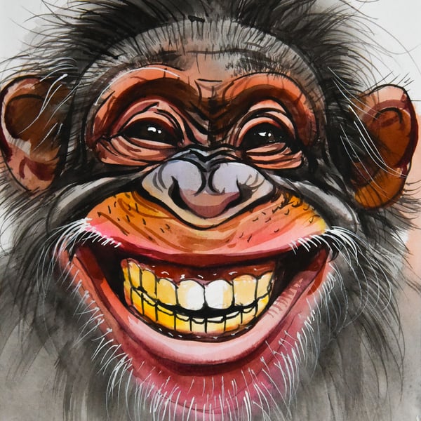 Funny Chimp Watercolour Painting on Paper and Framed (One of a Kind) No.2