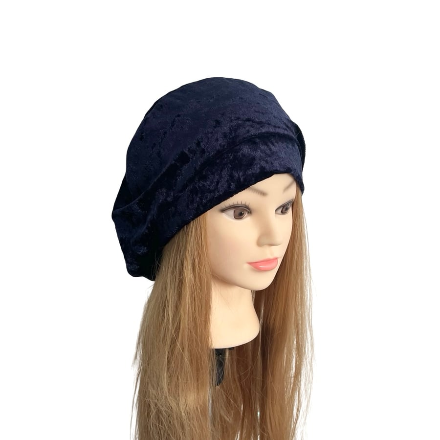 Navy Blue Retro Vintage Style Beret Hat for Women Crushed Velour Beret Cap