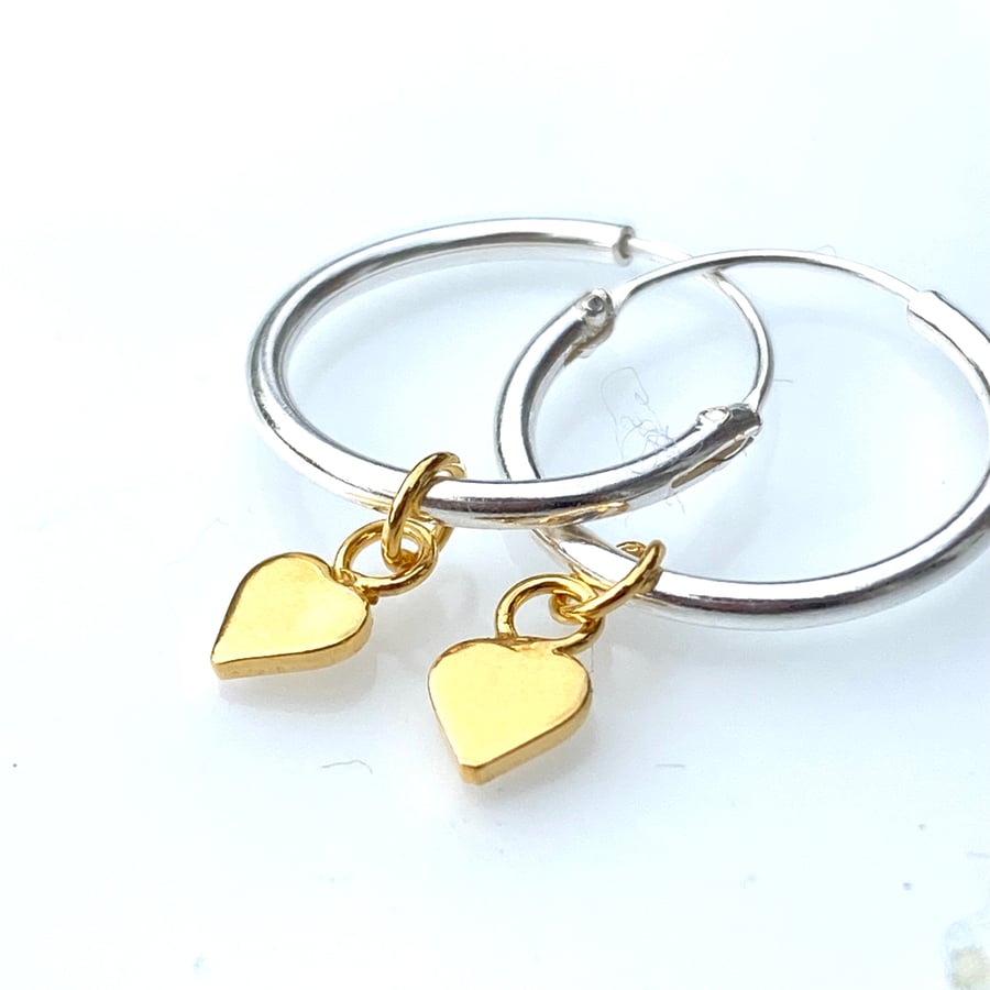 Silver and Gold Detail Hoop Heart Earrings Yellow Gold plated Silver