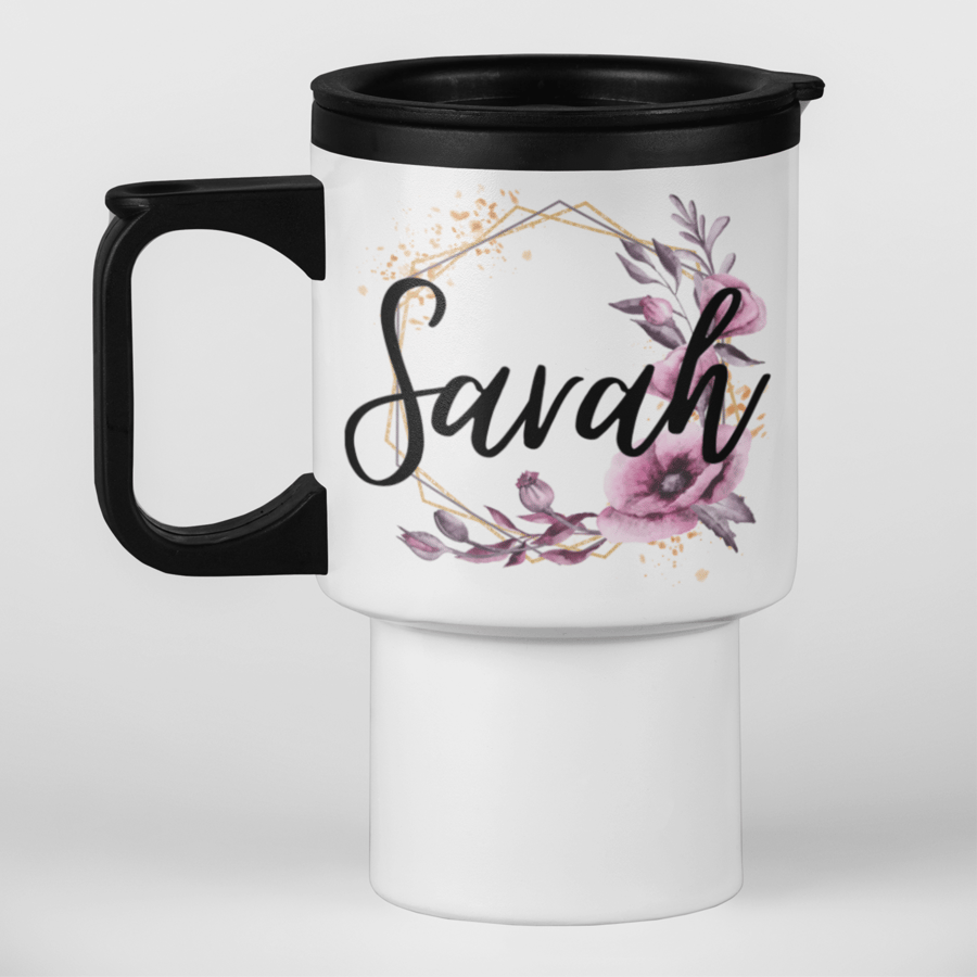 Personalised FLORAL Name Travel Mug - Personalised travel mug Gift present
