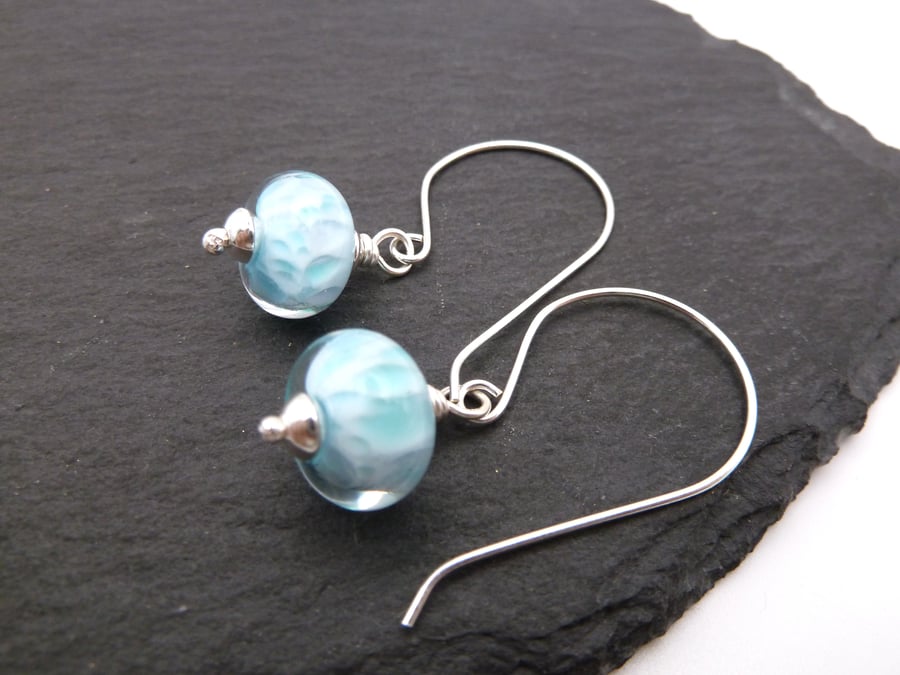 sterling silver earrings, blue lampwork glass jewellery