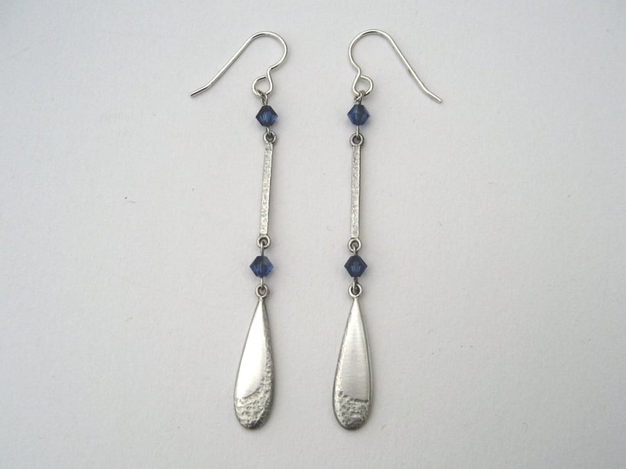 Sterling Silver & Blue Swarovski Crystal Long Teardrop Earrings