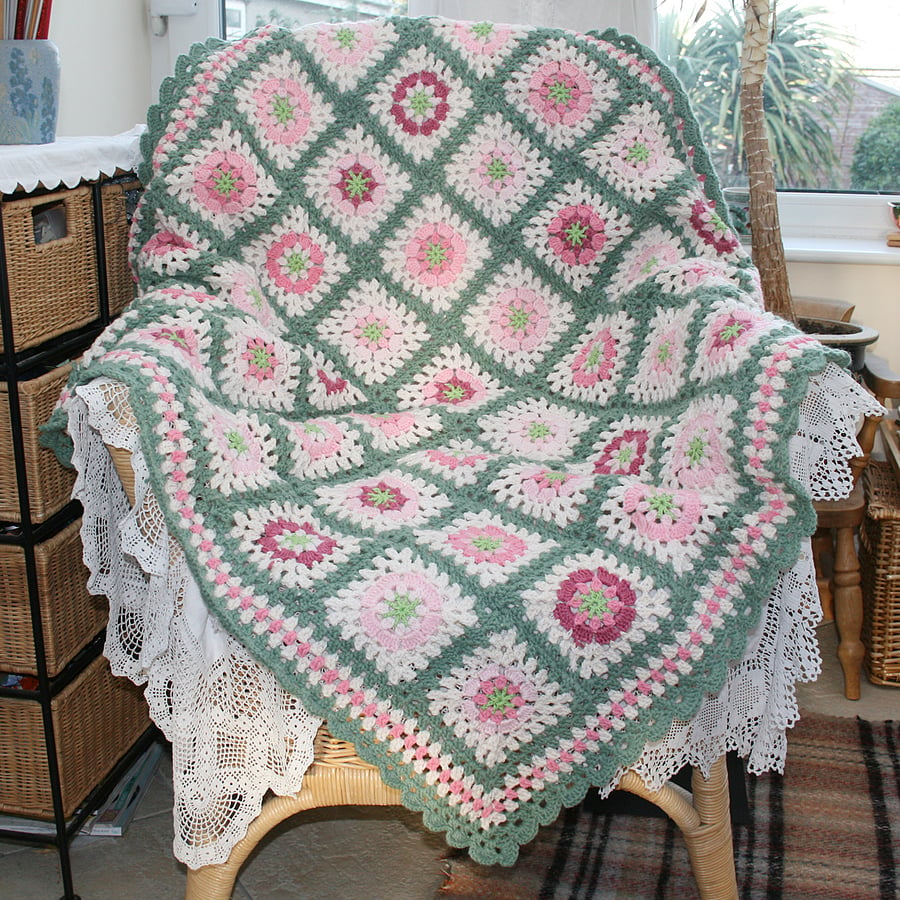 Blanket - pretty green and pink crochet