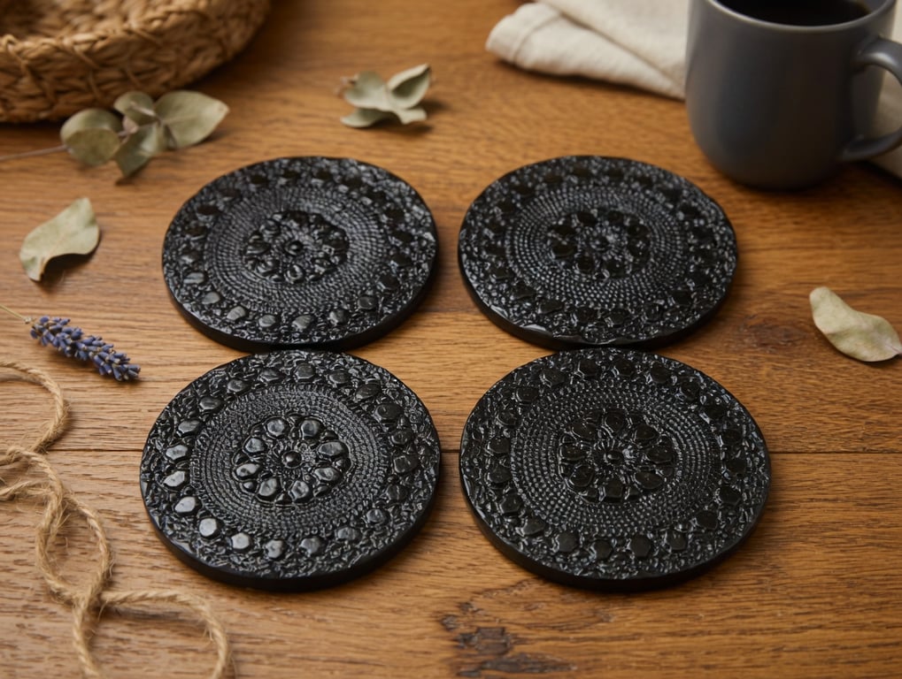 Set of 4 Black Embossed Clay Coasters – Handmade Drink Mats – Modern Table Décor
