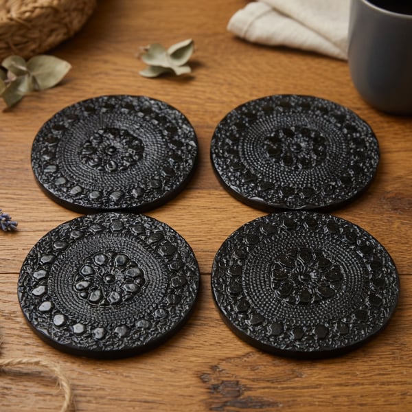 Set of 4 Black Embossed Clay Coasters – Handmade Drink Mats – Modern Table Décor