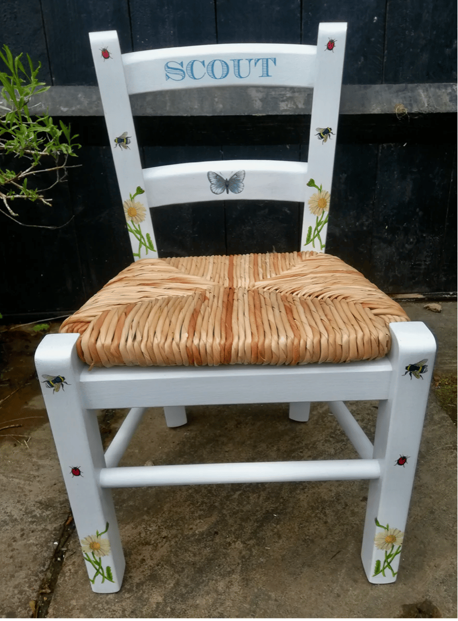 Rush seat personalised children's chair - bees and butterfly theme - made to ord