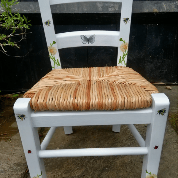 Rush seat personalised children's chair - bees and butterfly theme - made to ord