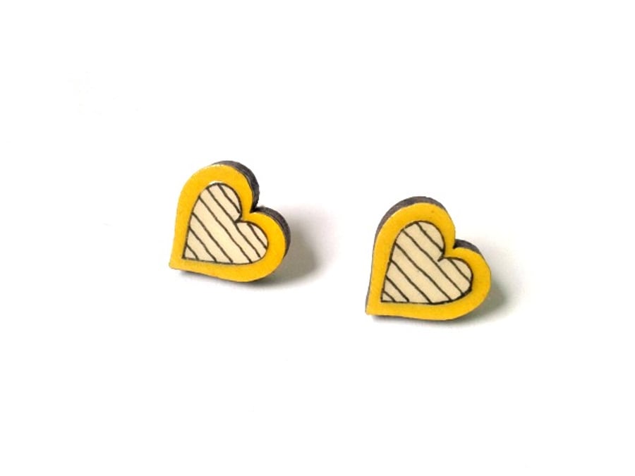 Illustrated Stripy Mustard Yellow Wooden Heart Earrings