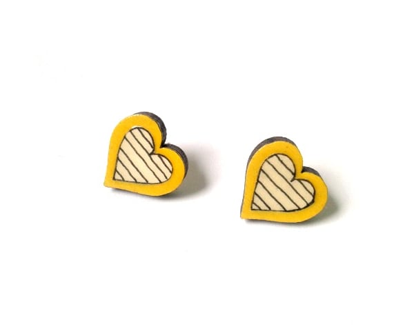 Illustrated Stripy Mustard Yellow Wooden Heart Earrings