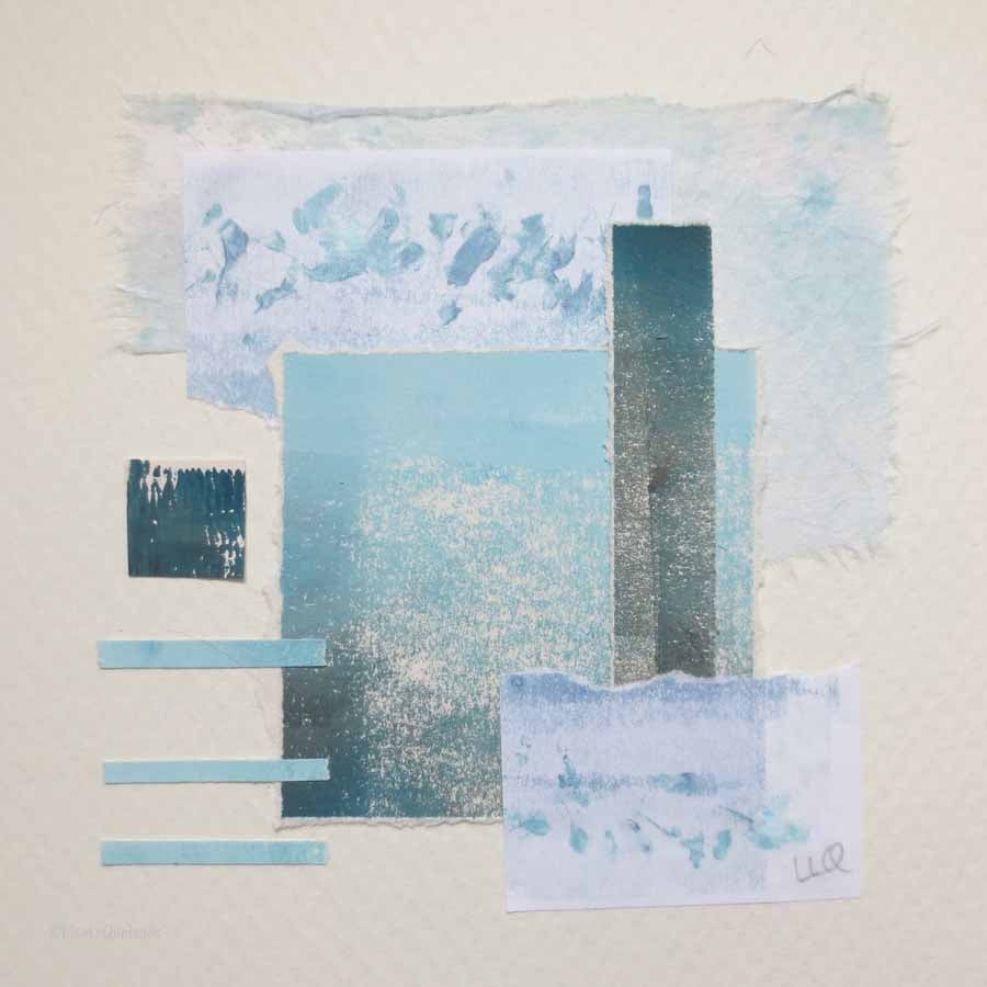Abstract minimalist marine coastal seaside paper collage in teal and aqua