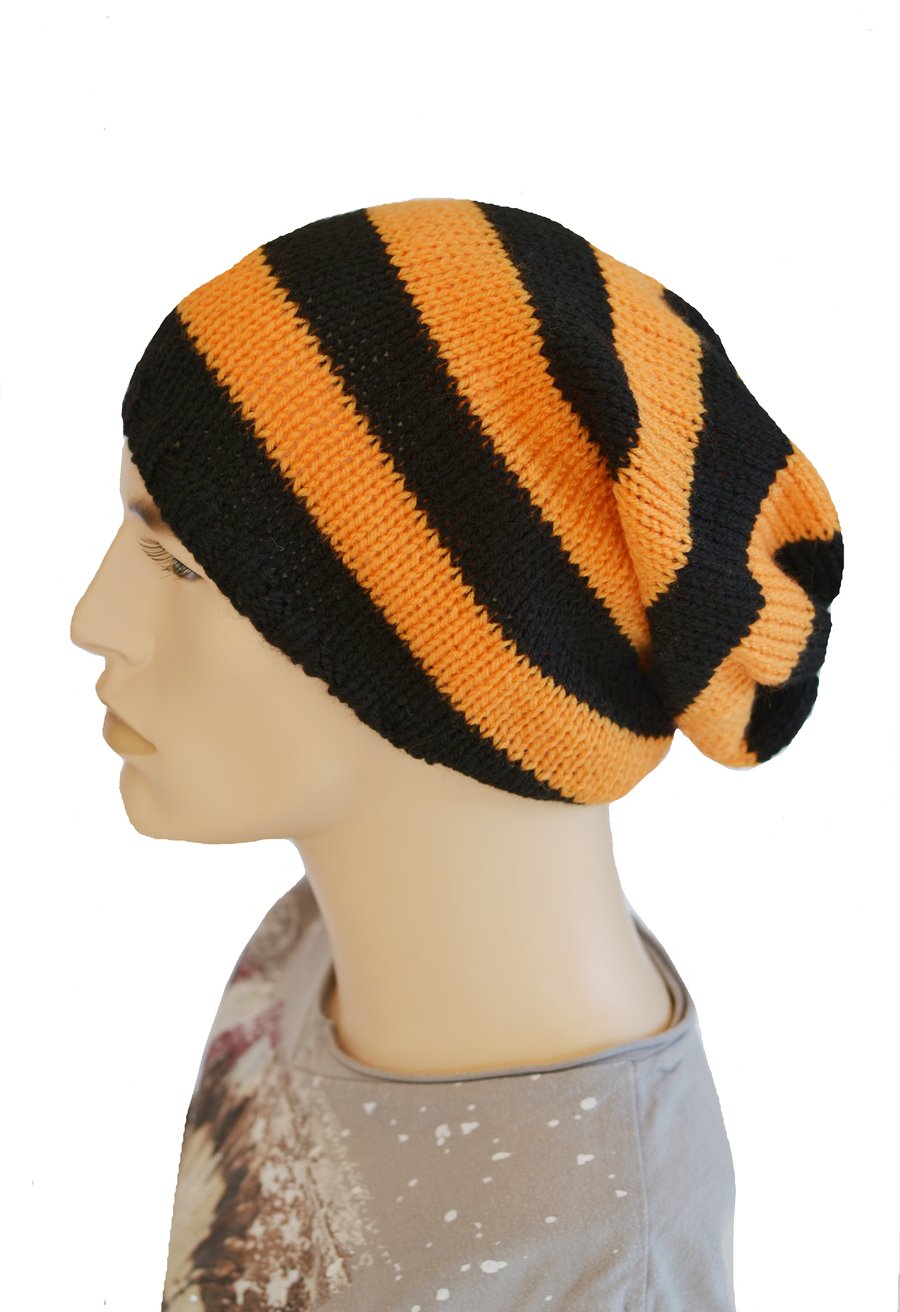 Hat  Unisex Knitted Slouchy Hat Black ,bright Orange