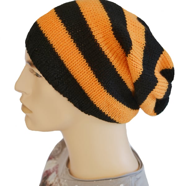 Hat  Unisex Knitted Slouchy Hat Black ,bright Orange