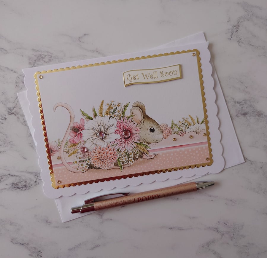 Get Well Soon Mouse Large Flowers 3D Luxury Handmade Card