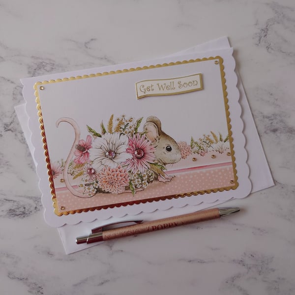 Get Well Soon Mouse Large Flowers 3D Luxury Handmade Card