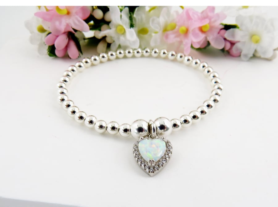 White Opal Heart Charm Beaded Stretch Stacking Bracelet