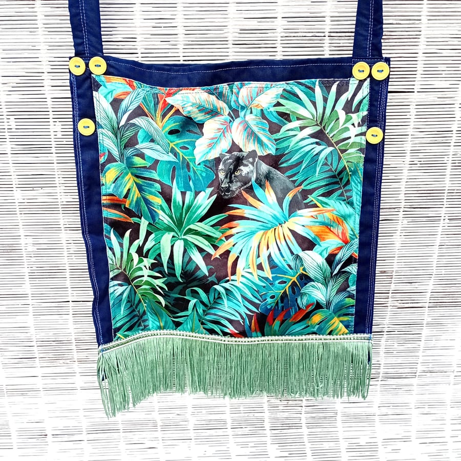 Black Panther in Colourful Jungle Foliage Fabric Cross Body or Shoulder Tote Bag