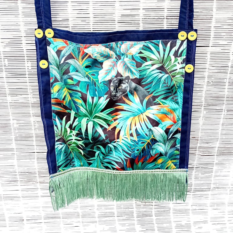 Black Panther in Colourful Jungle Foliage Fabric Cross Body or Shoulder Tote Bag