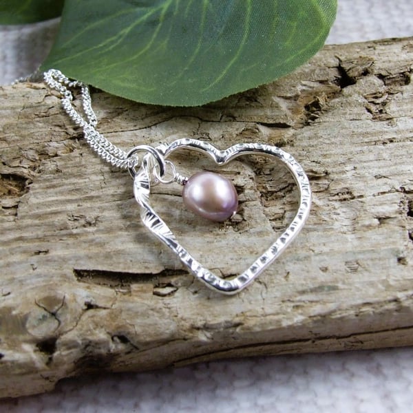 Heart Necklace in Sterling Silver with Champagne Pearl
