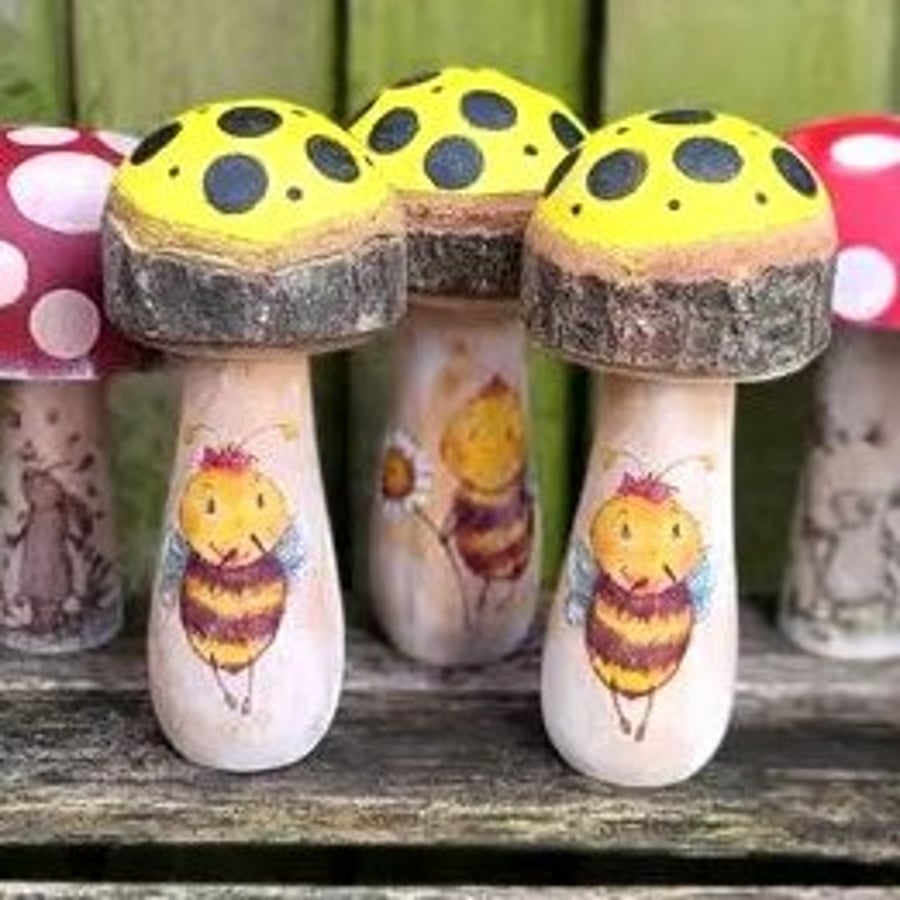 Wooden Toadstool with Bee Illustration,Fairy Tale Nursery Decor,mushroom decor