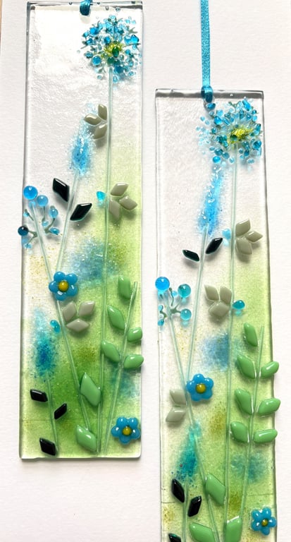 Blue meadow fused glass hanging wall panel 