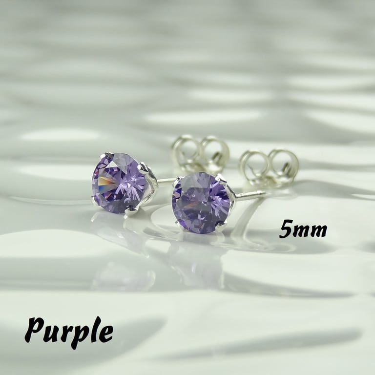 Cubic Zirconia stud earrings, sterling silver or 14k gold filled, purple, 5mm
