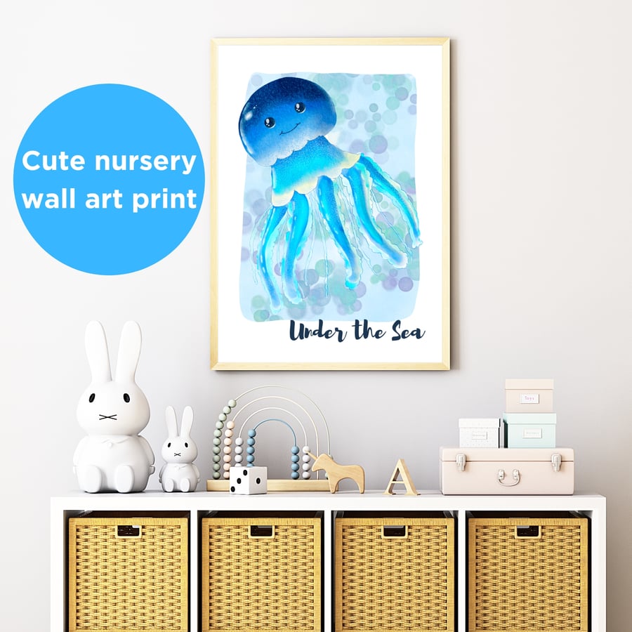 Blue jellyfish nursery wall art print for baby kids childs room bedroom playroom