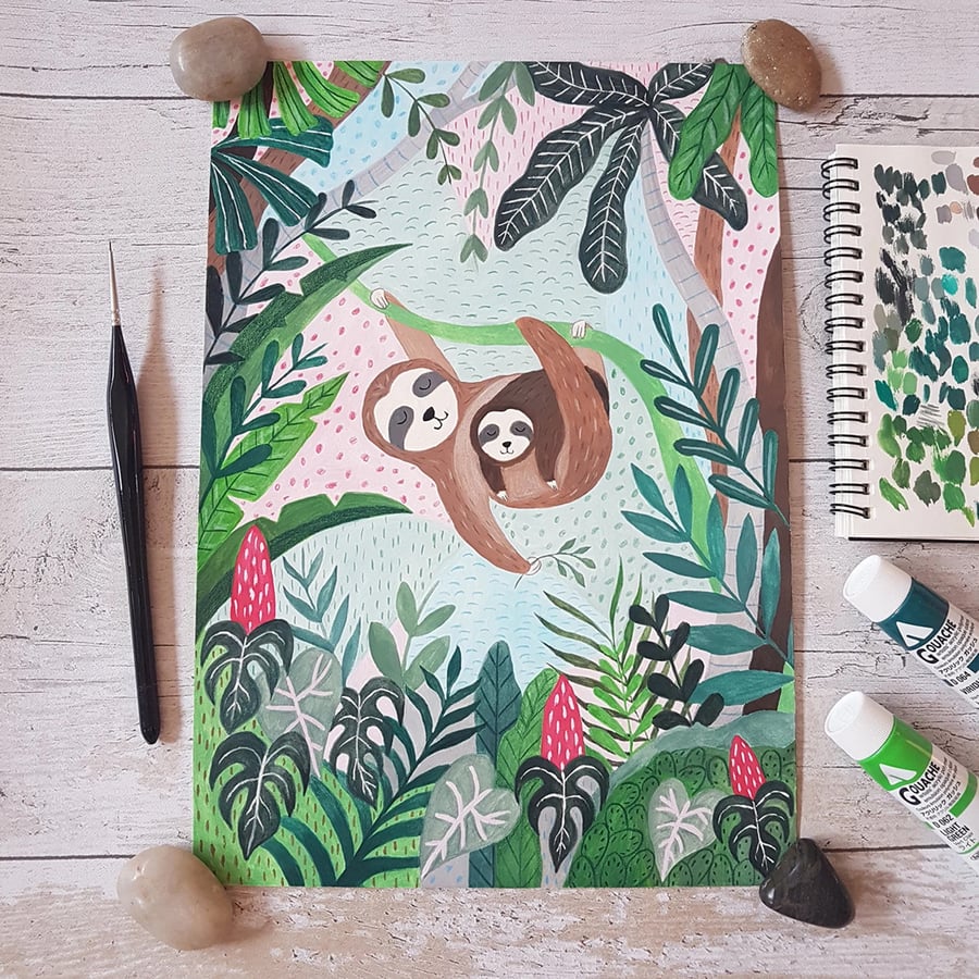 Original Sloth Jungle Painting - Gouache Painting - One of a kind