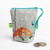 Grey window pane check make up bag with hand embroidered fish