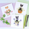 Cute Cats in Flower Pots Greetings Card Black Cat Ginger Cat Card
