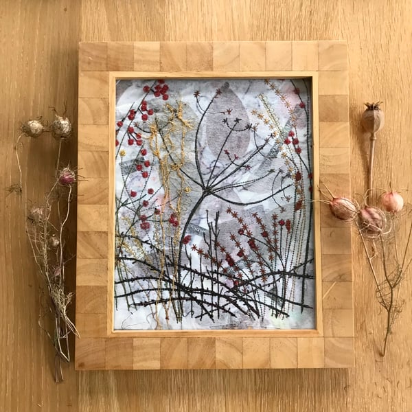 Hedgerow- textile-embroidered picture 