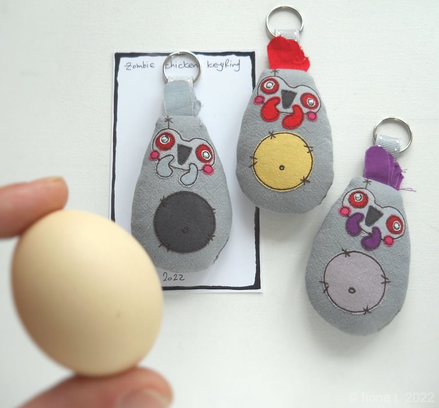 freehand embroidered zombie chicken keyring bag charm grey