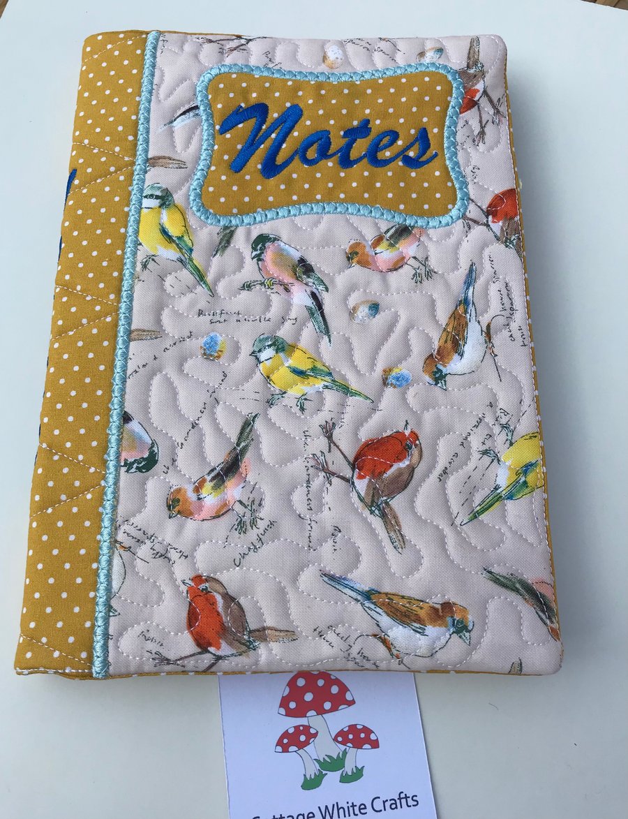 Reusable Quilted A5 Notebook in Beautiful Garden Birds Fabric 