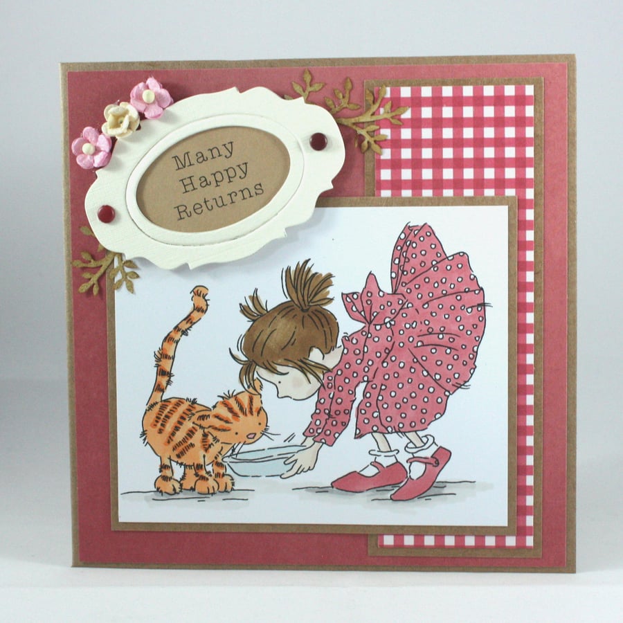 Handmade birthday card - saucer of milk for kitty