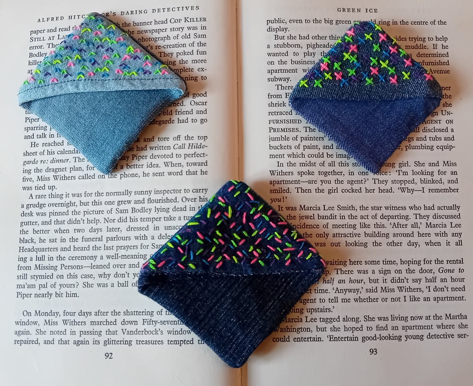 Bold & Bright Corner Bookmark – Upcycled Denim with Neon Stitches!