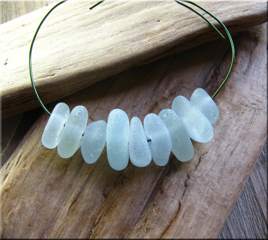 9 Natural sea glass beads, middle drilled, supplies (12)