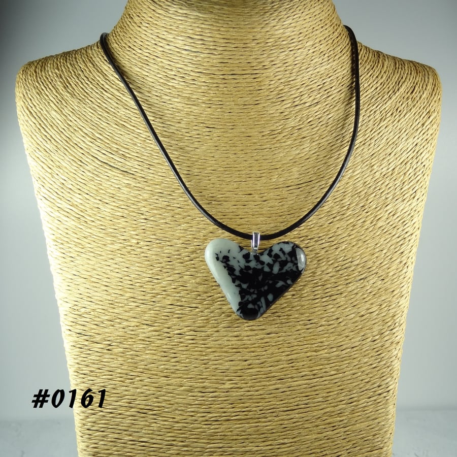 Black grey handcrafted fused glass heart pendant on a black leather cord (0161)