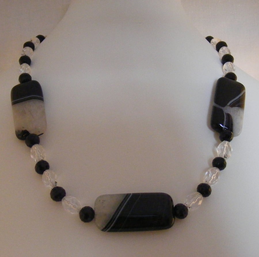 Black Agate and Clear Quartz Gemstone Necklace.