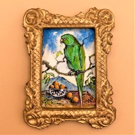 Tiny Miniature Painting, Doll house scale, Still Life with Green Parrot bird.