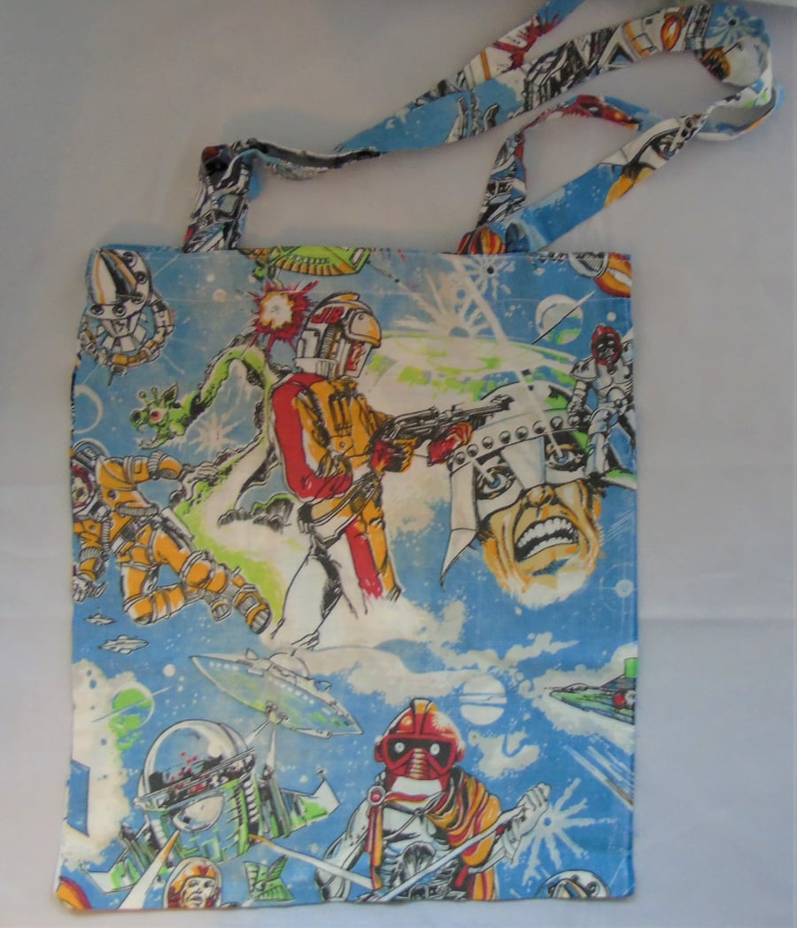 Retro Sci-Fi Foldaway Tote – Upcycled from a Vintage Duvet Cover