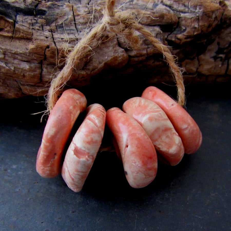 5 Medium Pale Pink Glazed Chubby Disc Clay Beads