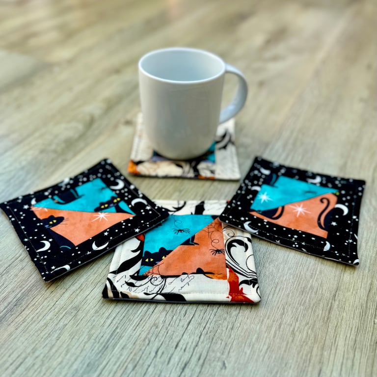 Set of Four Halloween Coasters with Cats and Spiders